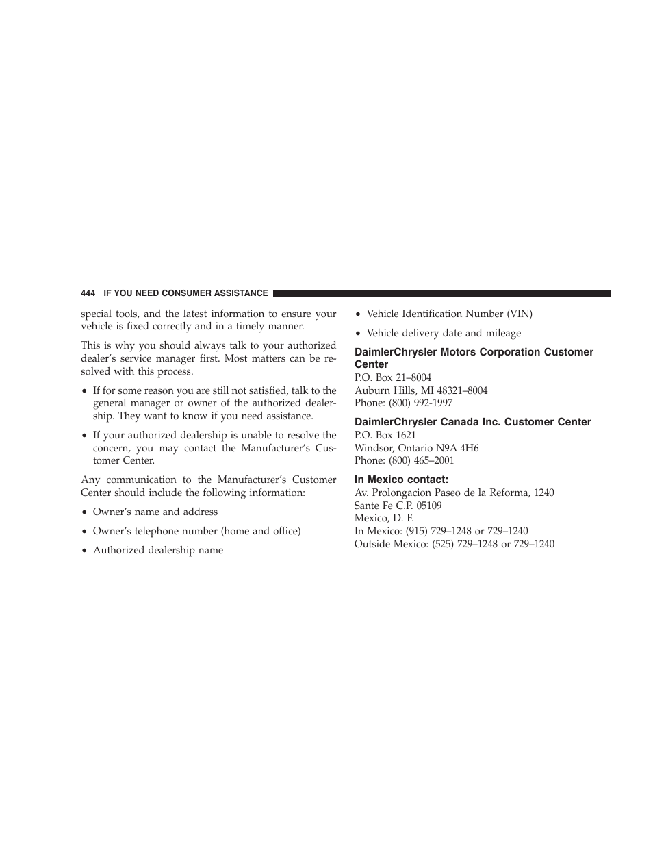 Daimlerchrysler motors corporation customer center, Daimlerchrysler canada inc. customer center, In mexico contact | Daimlerchrysler motors corporation, Customer center, Daimlerchrysler canada inc. customer, Center | Chrysler 2008 Sebring Sedan User Manual | Page 446 / 494