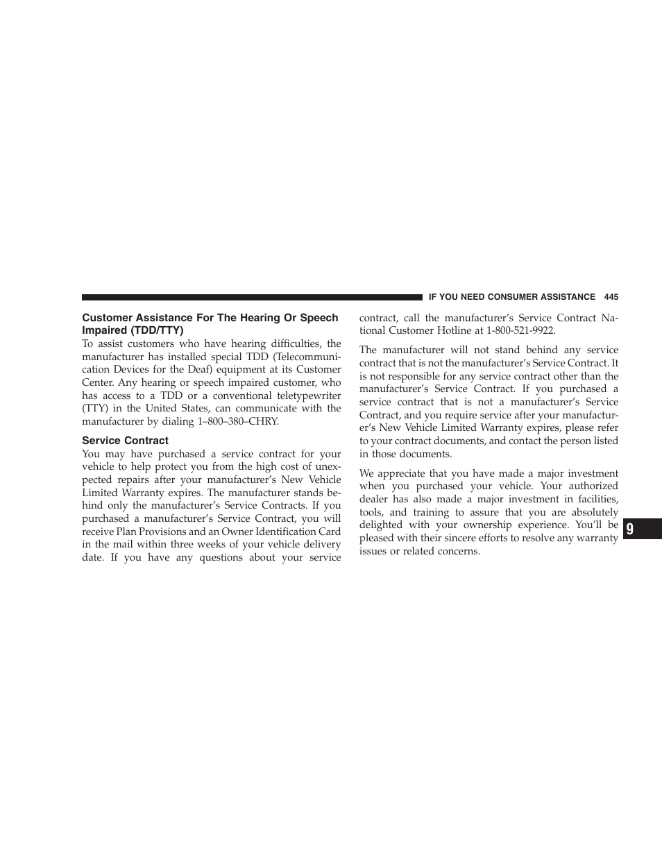 Service contract, Customer assistance for the hearing or, Speech impaired (tdd/tty) | Chrysler 2008 Sebring Sedan User Manual | Page 447 / 494