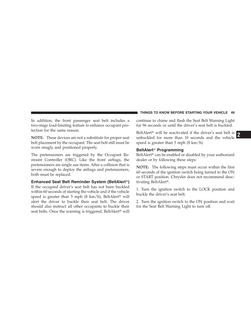 Enhanced seat belt reminder system (beltalert), Beltalert programming, Enhanced seat belt reminder system | Beltalert, Beltalert௡ programming | Chrysler 2008 Sebring Sedan User Manual | Page 51 / 494