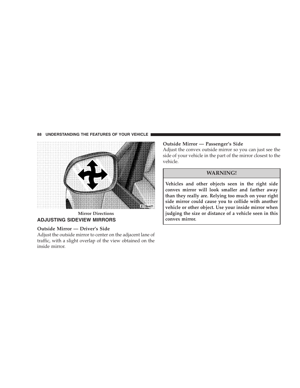 Adjusting sideview mirrors | Chrysler 2008 Sebring Sedan User Manual | Page 90 / 494