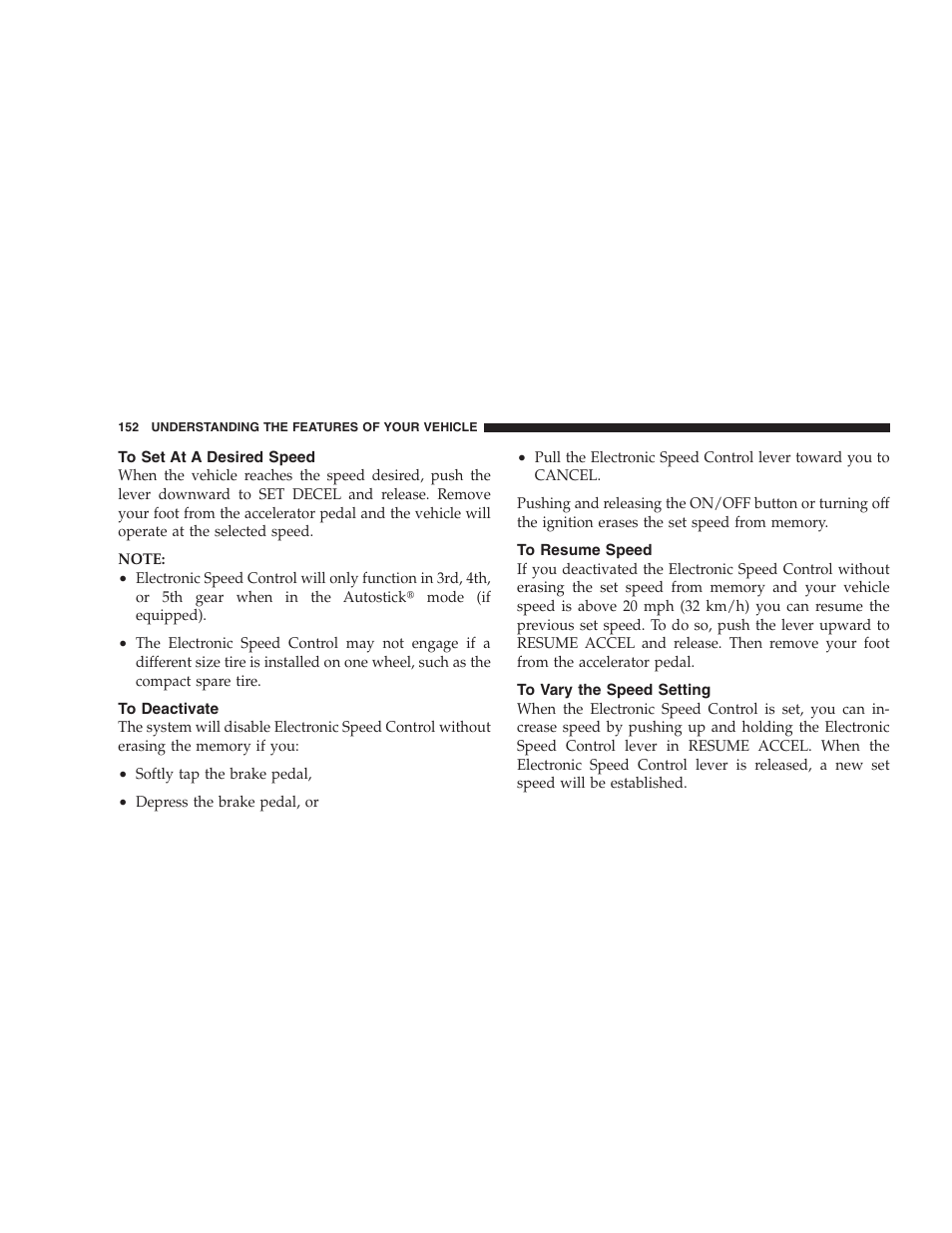 To set at a desired speed, To deactivate, To resume speed | To vary the speed setting | Chrysler 2009 300 - Owner Manual User Manual | Page 154 / 526