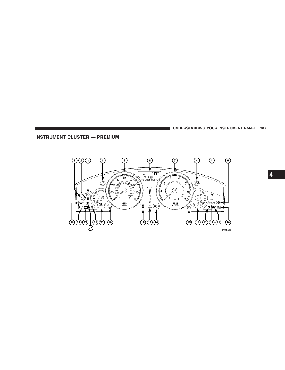 Instrument cluster - premium, Instrument cluster — premium | Chrysler 2009 300 - Owner Manual User Manual | Page 209 / 526