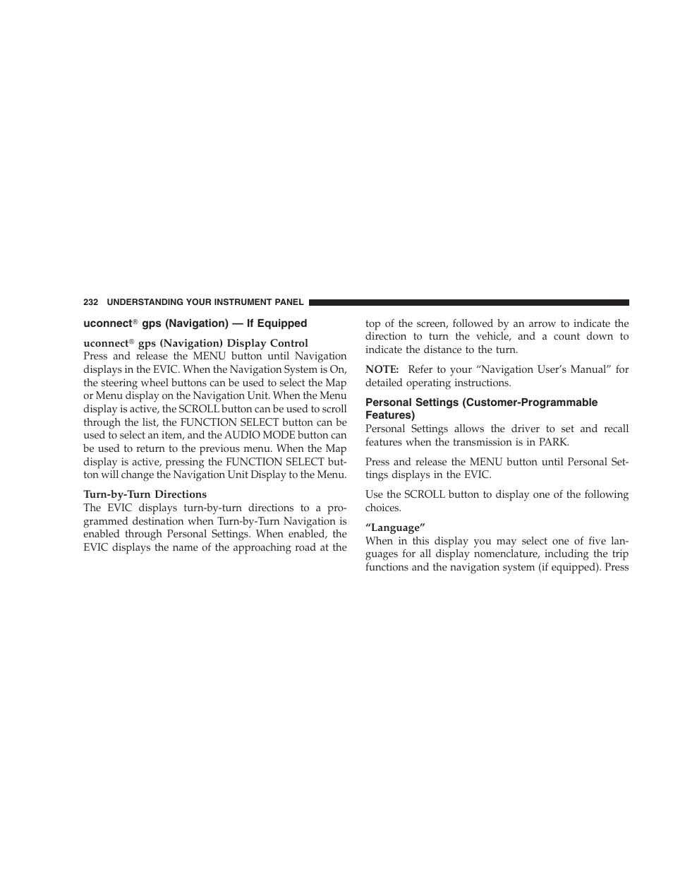 Uconnect gps (navigation) - if equipped, Personal settings (customer-programmable features), Uconnect௡ gps (navigation) — if equipped | Personal settings (customer-programmable, Features) | Chrysler 2009 300 - Owner Manual User Manual | Page 234 / 526