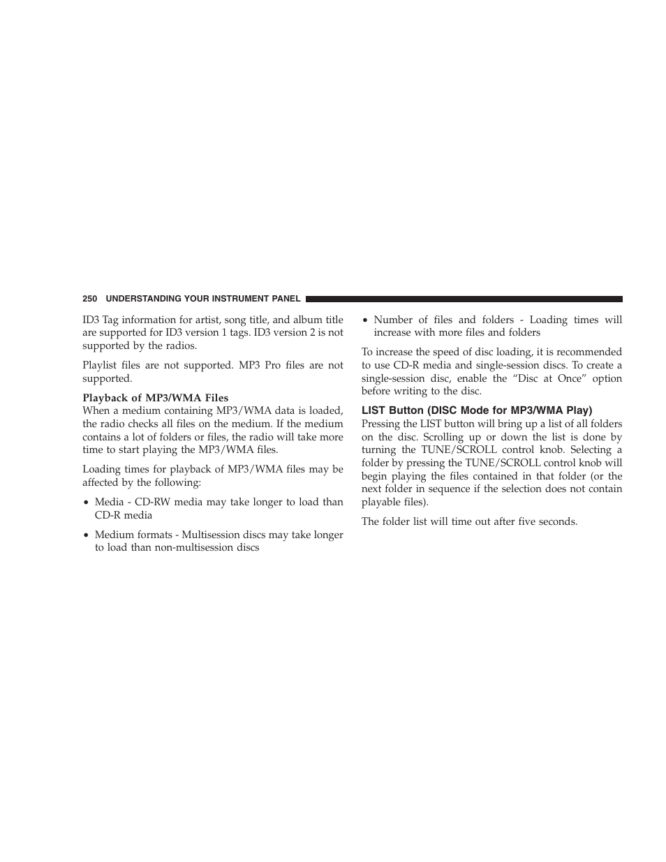 List button (disc mode for mp3/wma play), List button (disc mode for mp3/wma, Play) | Chrysler 2009 300 - Owner Manual User Manual | Page 252 / 526