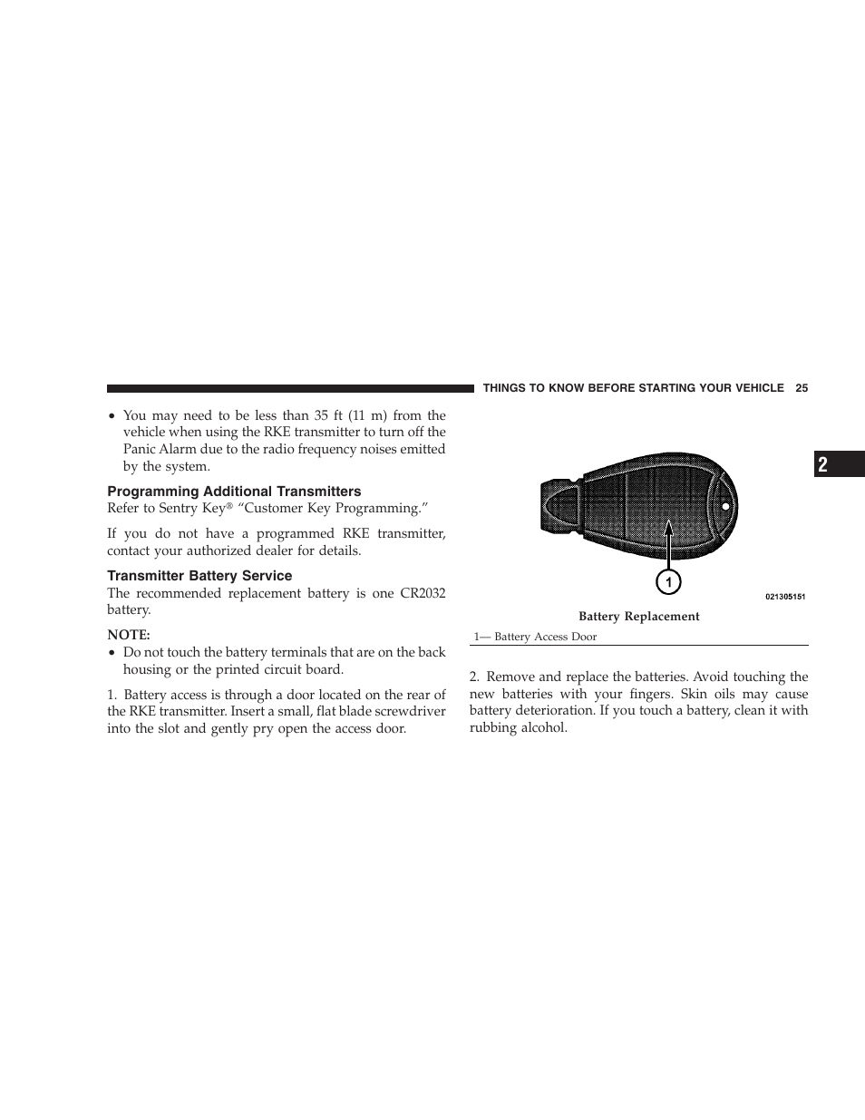 Programming additional transmitters, Transmitter battery service | Chrysler 2009 300 - Owner Manual User Manual | Page 27 / 526