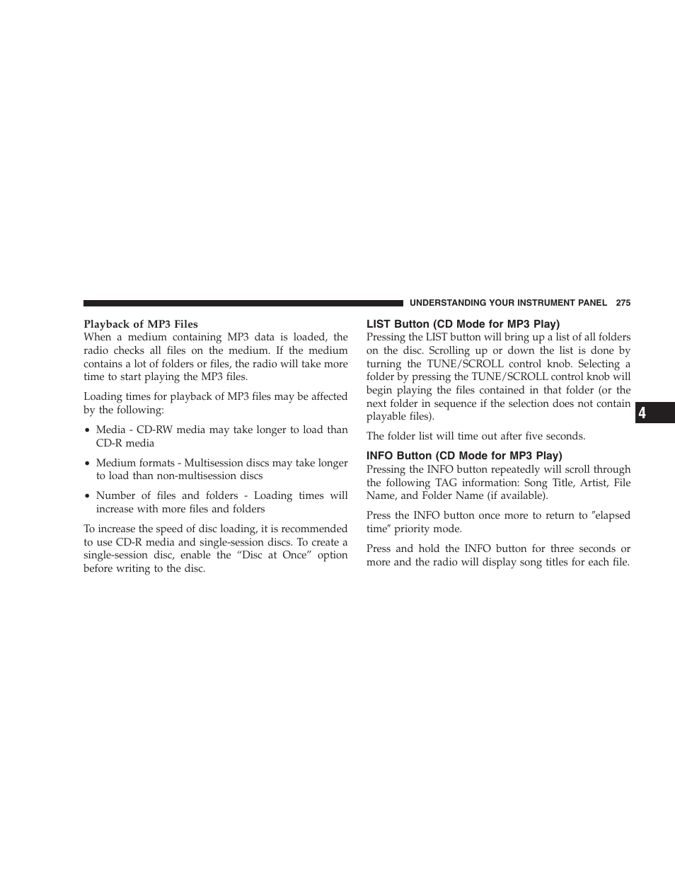 List button (cd mode for mp3 play), Info button (cd mode for mp3 play) | Chrysler 2009 300 - Owner Manual User Manual | Page 277 / 526