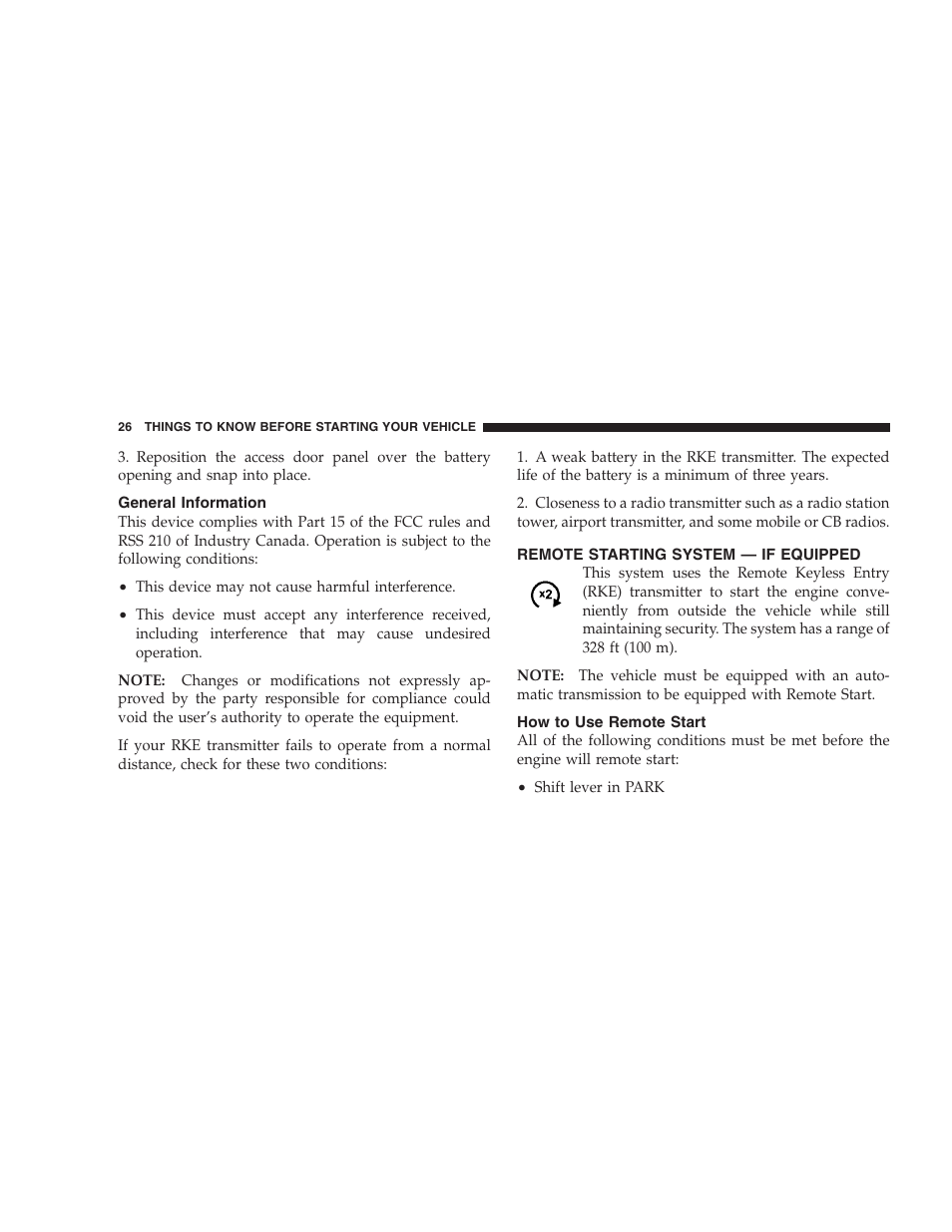 General information, Remote starting system - if equipped, How to use remote start | Remote starting system — if equipped | Chrysler 2009 300 - Owner Manual User Manual | Page 28 / 526