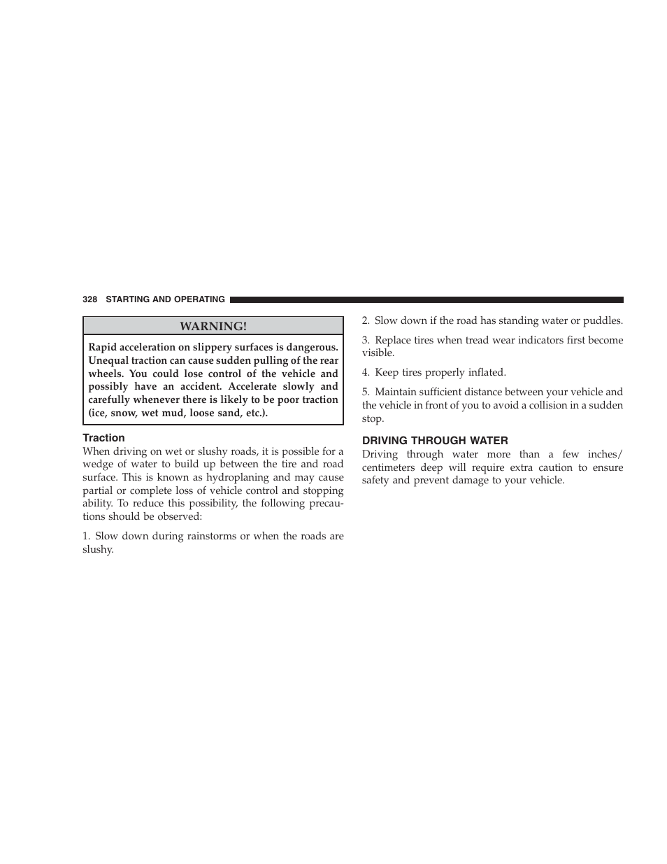 Traction, Driving through water | Chrysler 2009 300 - Owner Manual User Manual | Page 330 / 526