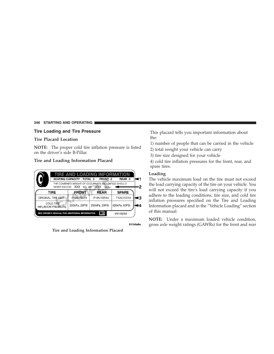 Tire loading and tire pressure | Chrysler 2009 300 - Owner Manual User Manual | Page 348 / 526