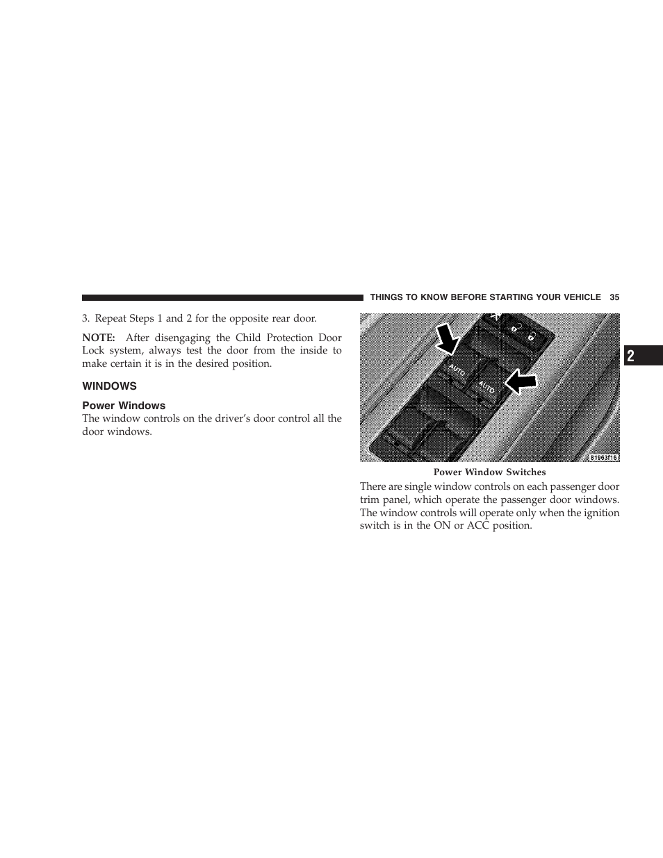 Windows, Power windows | Chrysler 2009 300 - Owner Manual User Manual | Page 37 / 526