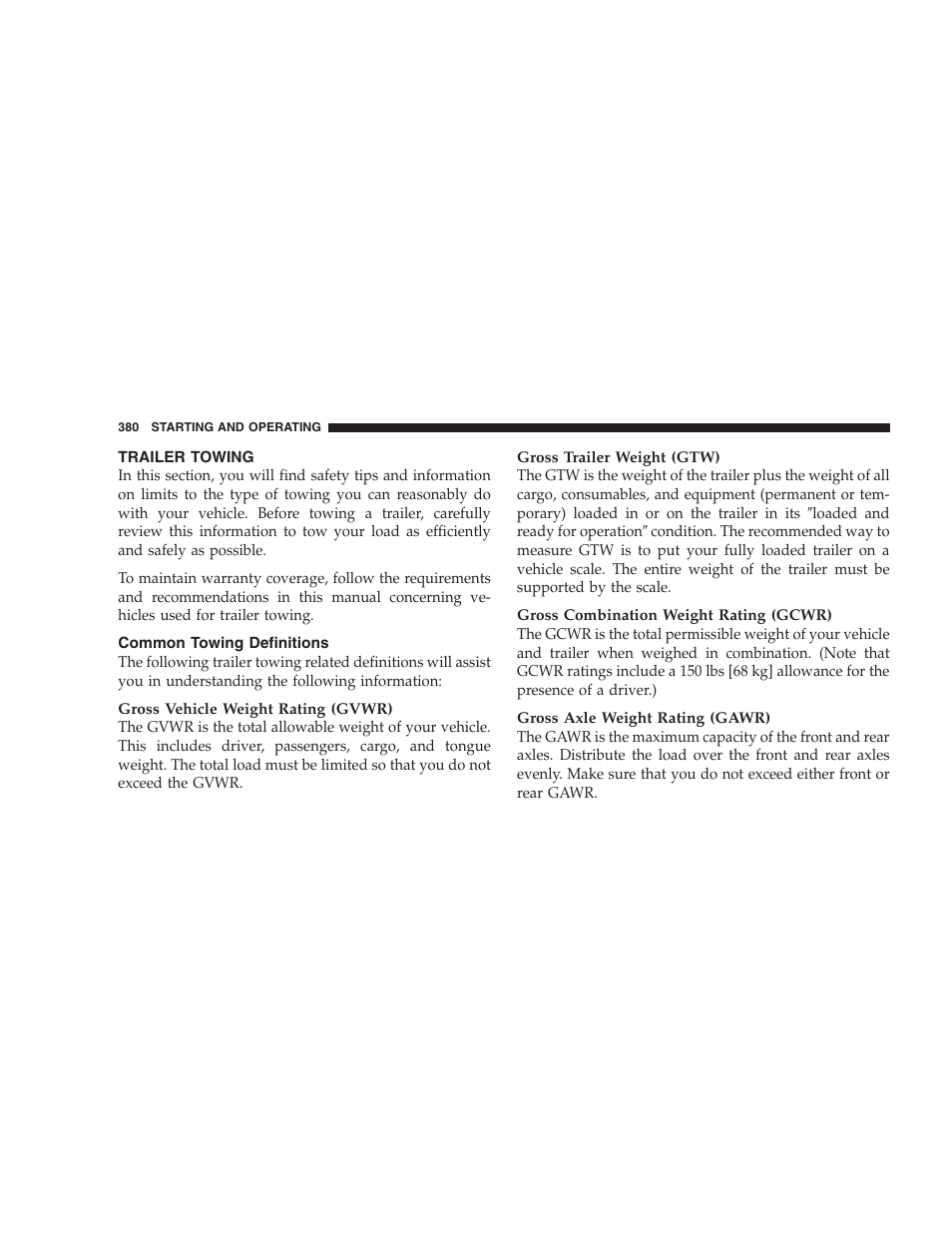 Trailer towing, Common towing definitions | Chrysler 2009 300 - Owner Manual User Manual | Page 382 / 526