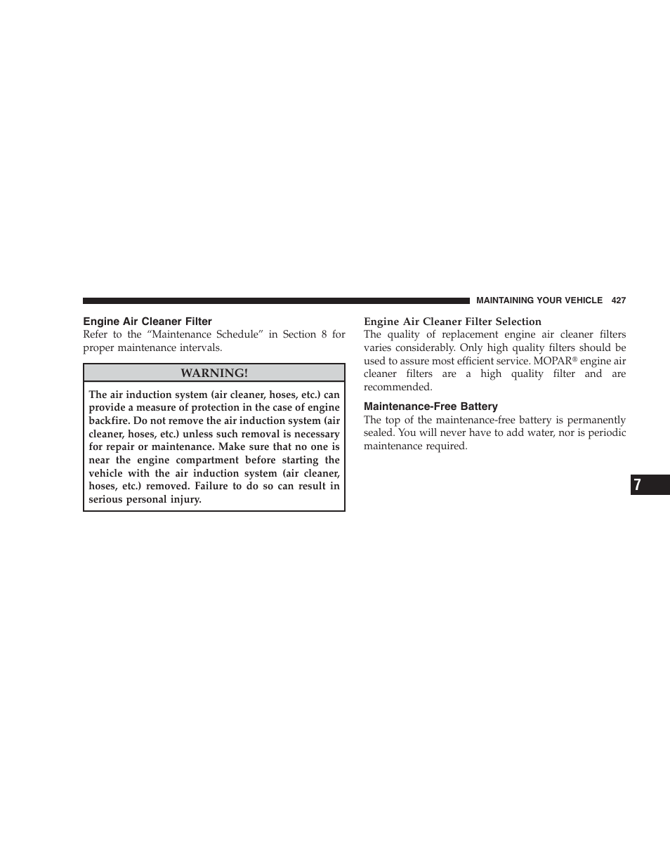 Engine air cleaner filter, Maintenance-free battery | Chrysler 2009 300 - Owner Manual User Manual | Page 429 / 526