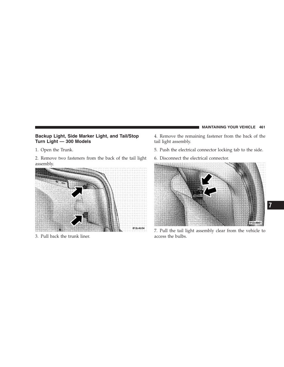 Backup light, side marker light, and, Tail/stop turn light — 300 models | Chrysler 2009 300 - Owner Manual User Manual | Page 463 / 526