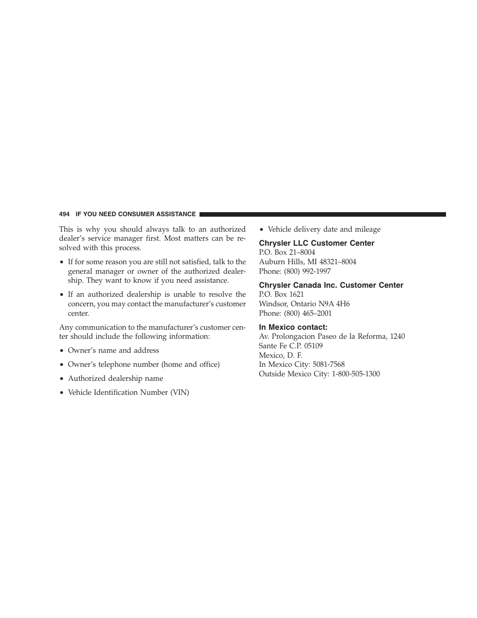 Chrysler llc customer center, Chrysler canada inc. customer center, In mexico contact | Chrysler 2009 300 - Owner Manual User Manual | Page 496 / 526