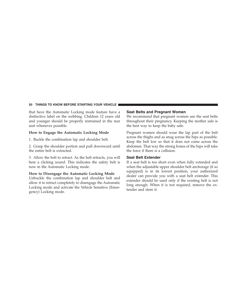 Seat belts and pregnant women, Seat belt extender | Chrysler 2009 300 - Owner Manual User Manual | Page 52 / 526