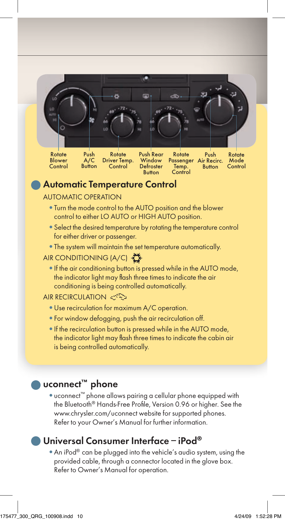 Automatic temperature control, Uconnect, Phone | Universal consumer interface – ipod | Chrysler 2009 300 - Quick Reference Guide User Manual | Page 10 / 12