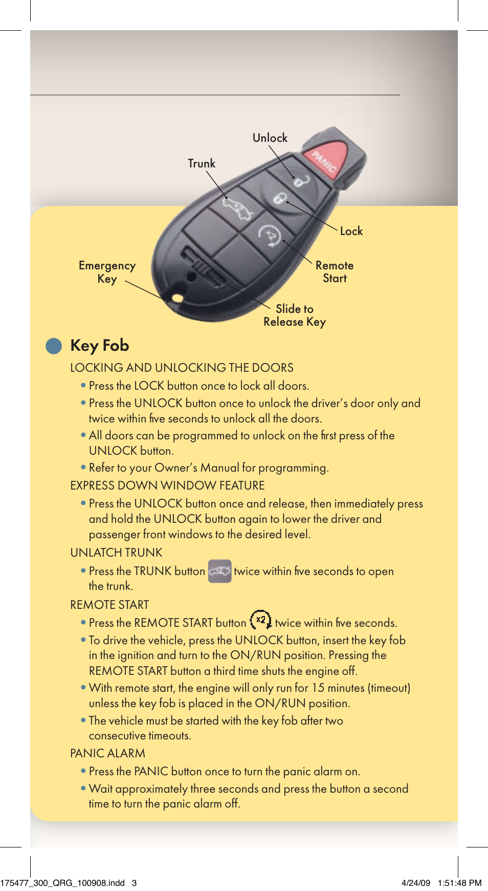 Key fob | Chrysler 2009 300 - Quick Reference Guide User Manual | Page 11 / 12