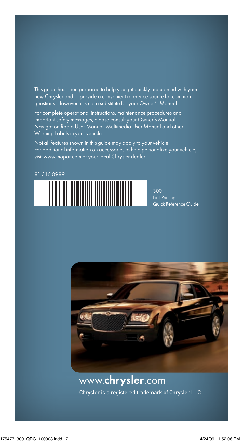 Chrysler 2009 300 - Quick Reference Guide User Manual | Page 12 / 12