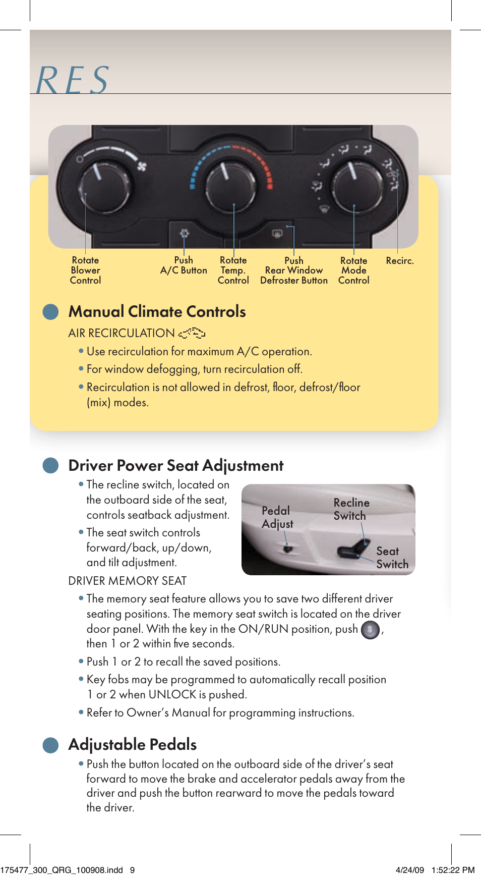 Manual climate controls, Driver power seat adjustment, Adjustable pedals | Chrysler 2009 300 - Quick Reference Guide User Manual | Page 7 / 12
