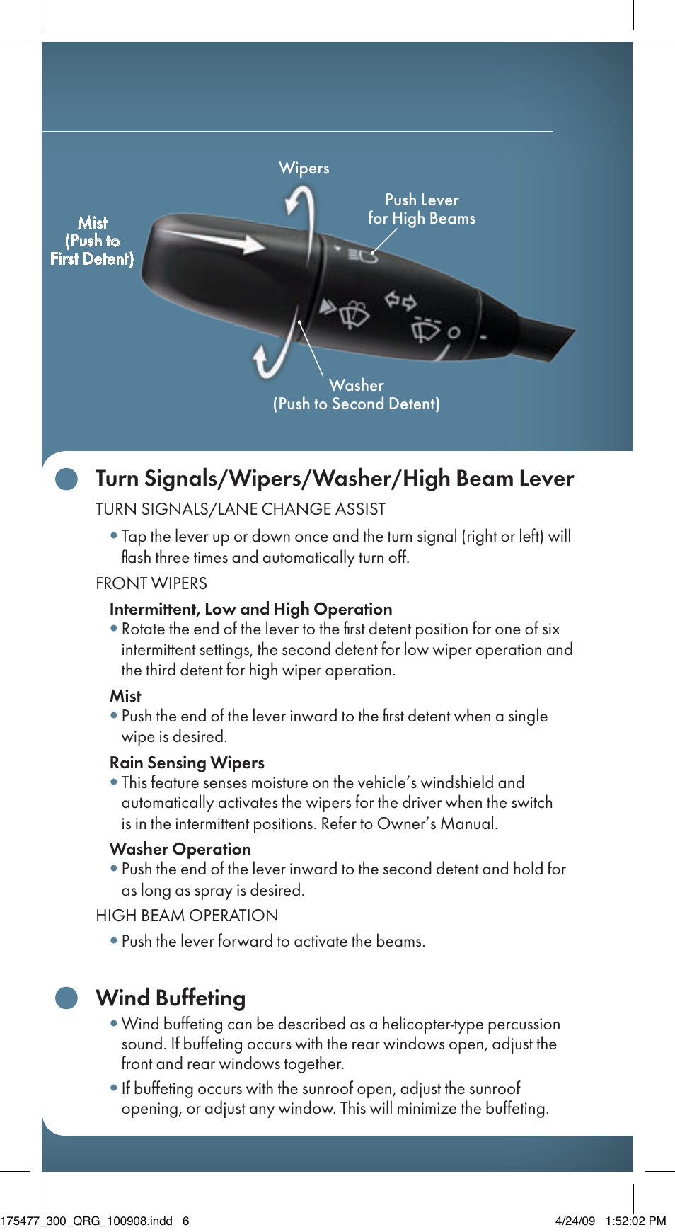 Turn signals/wipers/washer/high beam lever, Wind buffeting | Chrysler 2009 300 - Quick Reference Guide User Manual | Page 8 / 12