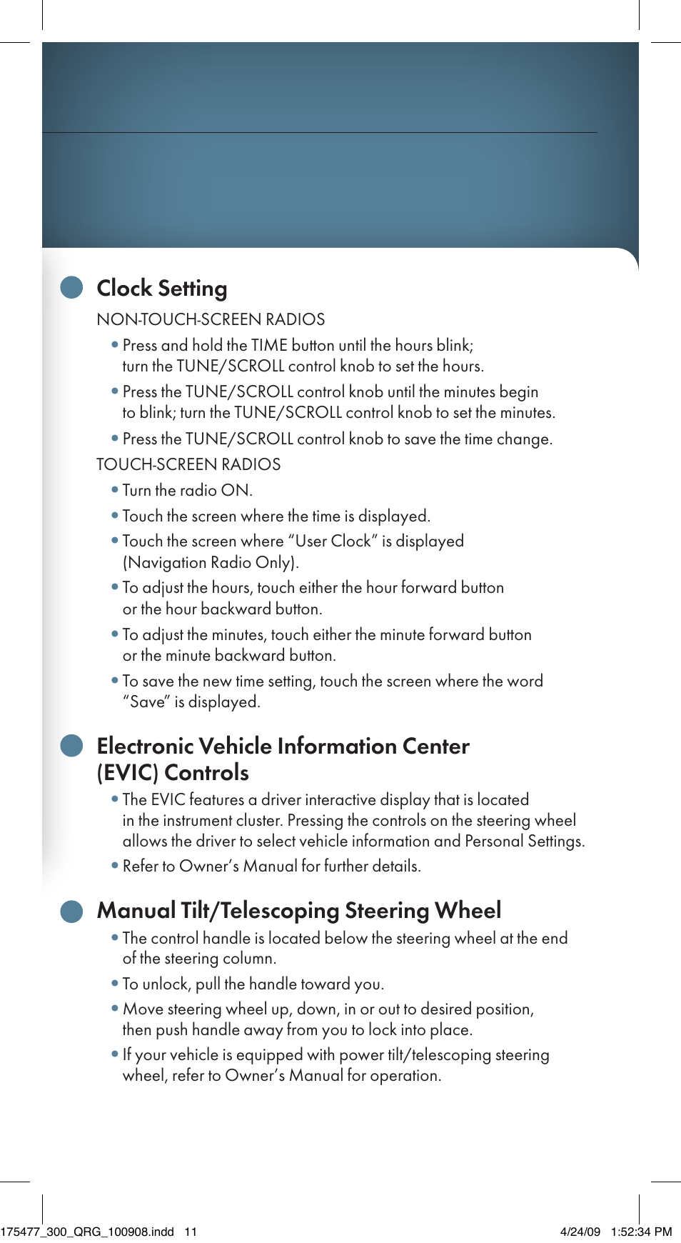 Clock setting, Manual tilt/telescoping steering wheel | Chrysler 2009 300 - Quick Reference Guide User Manual | Page 9 / 12