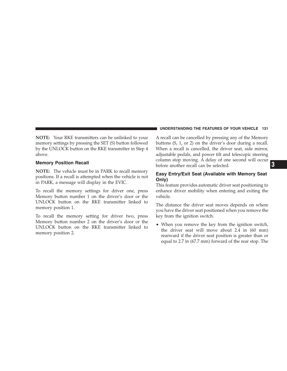 Memory position recall, Easy entry/exit seat (available with, Memory seat only) | Chrysler 2009 300 SRT User Manual | Page 133 / 493