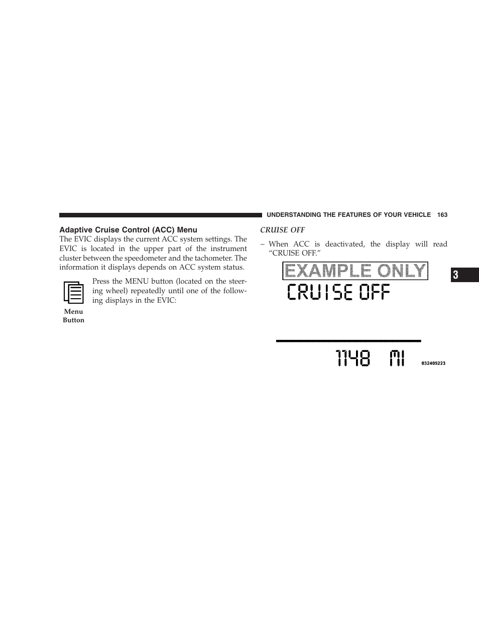 Adaptive cruise control (acc) menu | Chrysler 2009 300 SRT User Manual | Page 165 / 493
