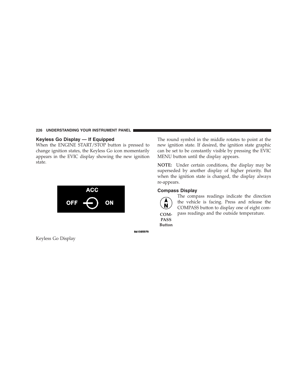 Keyless go display - if equipped, Compass display, Keyless go display — if equipped | Chrysler 2009 300 SRT User Manual | Page 228 / 493