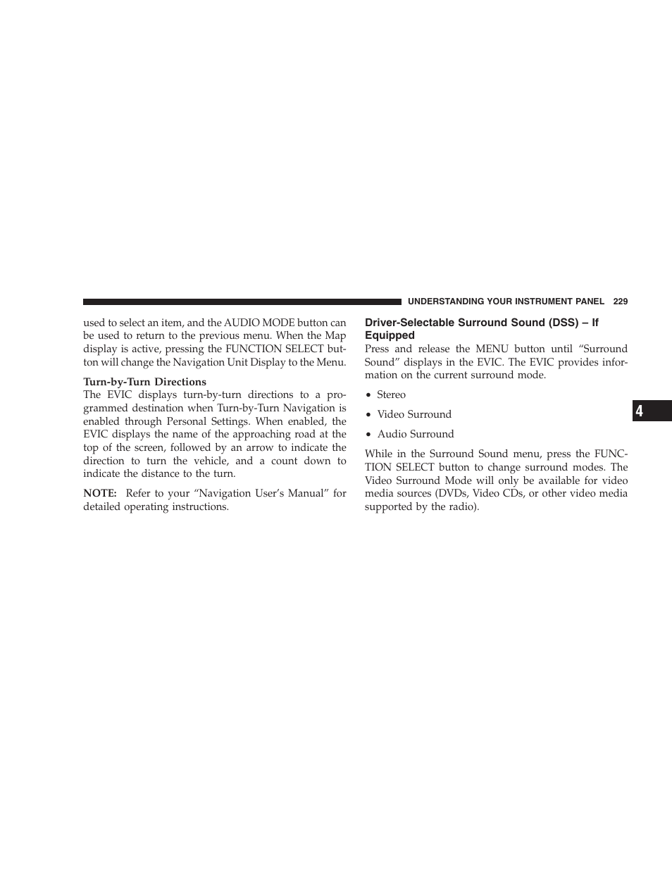 Driver-selectable surround sound (dss), If equipped | Chrysler 2009 300 SRT User Manual | Page 231 / 493