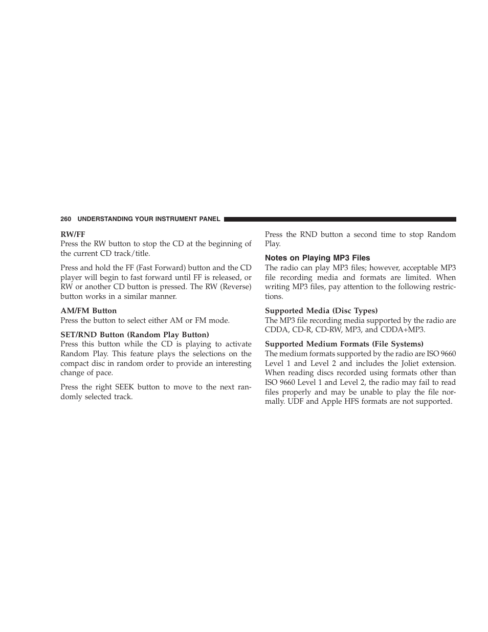 Notes on playing mp3 files | Chrysler 2009 300 SRT User Manual | Page 262 / 493