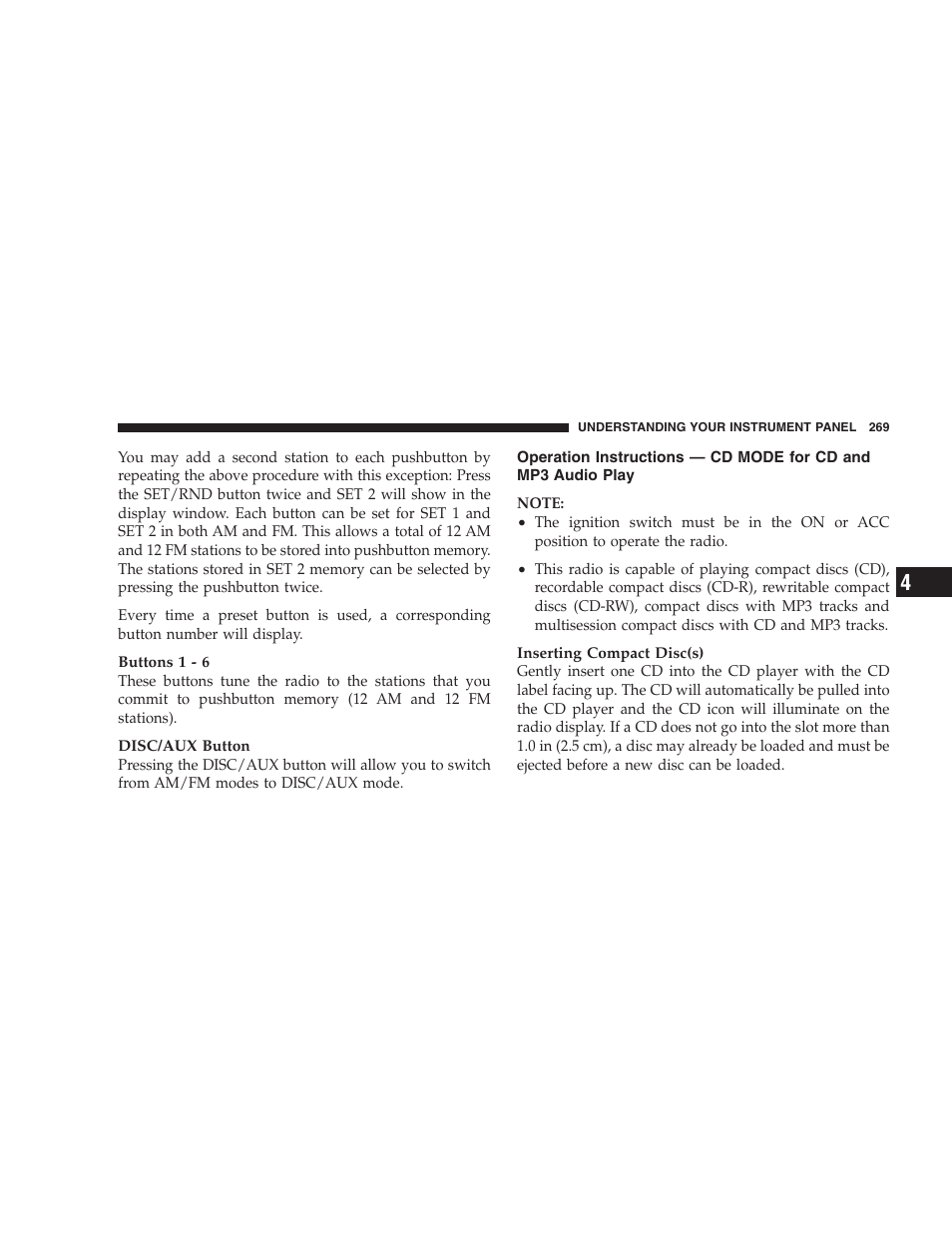 Operation instructions — cd mode for cd, And mp3 audio play | Chrysler 2009 300 SRT User Manual | Page 271 / 493