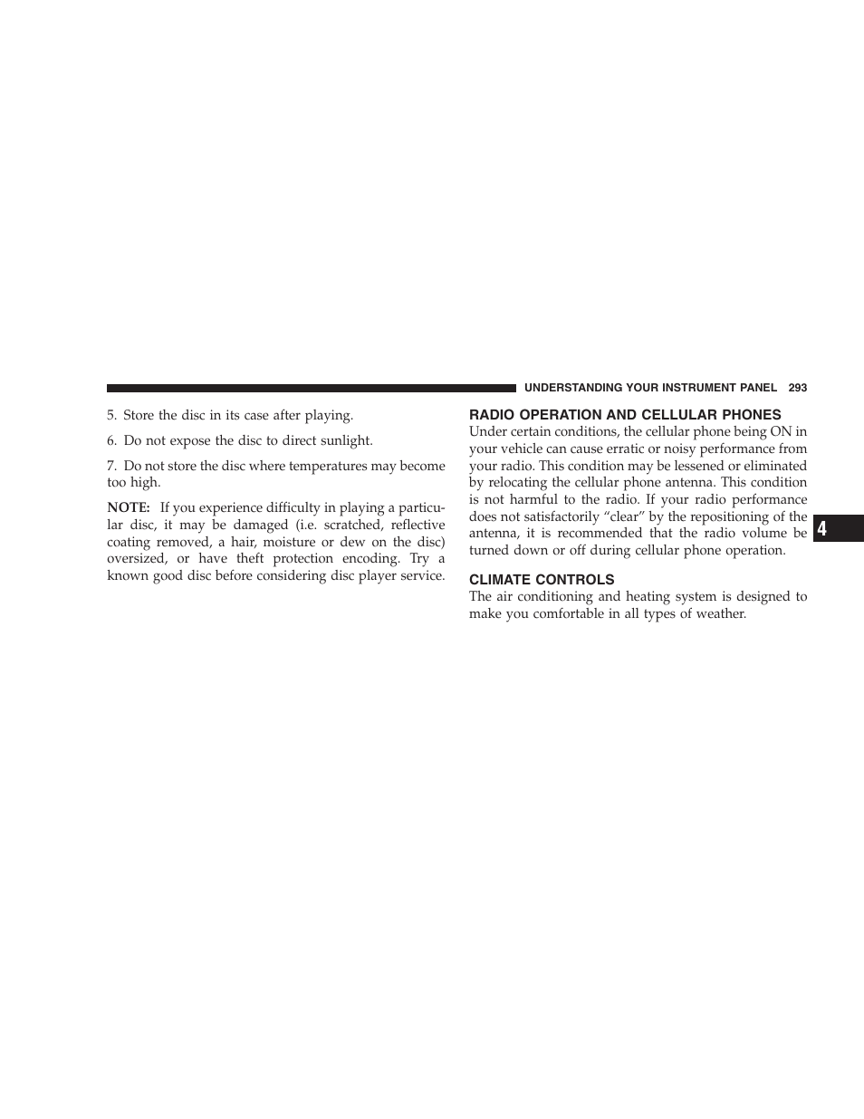 Radio operation and cellular phones, Climate controls | Chrysler 2009 300 SRT User Manual | Page 295 / 493