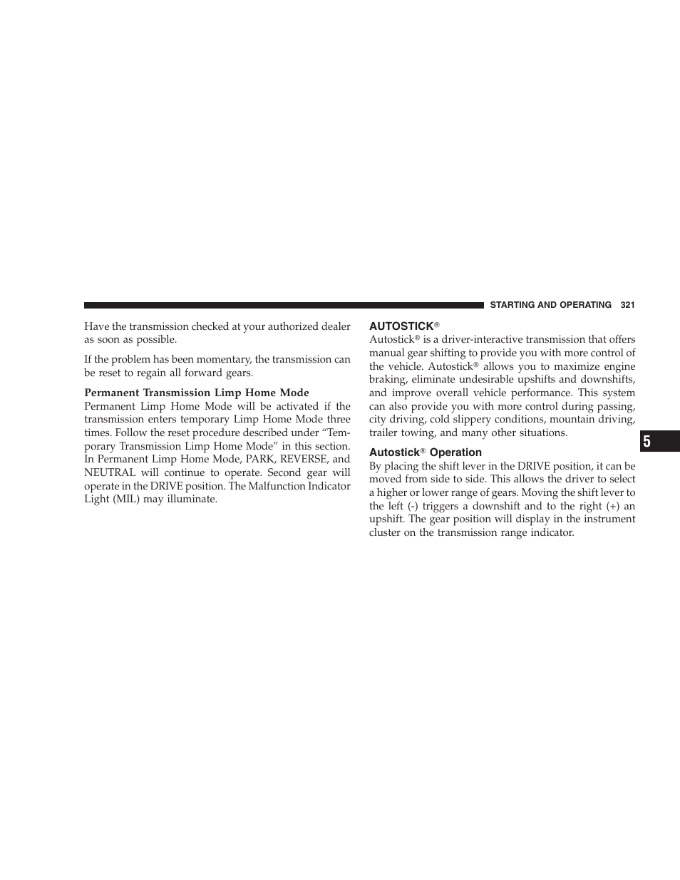 Autostick, Autostick operation, Autostick௡ operation | Chrysler 2009 300 SRT User Manual | Page 323 / 493
