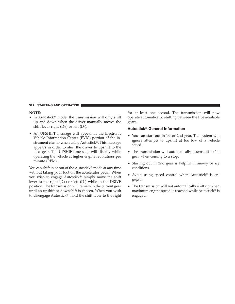Autostick general information, Autostick௡ general information | Chrysler 2009 300 SRT User Manual | Page 324 / 493