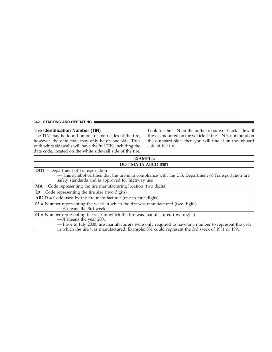 Tire identification number (tin) | Chrysler 2009 300 SRT User Manual | Page 344 / 493