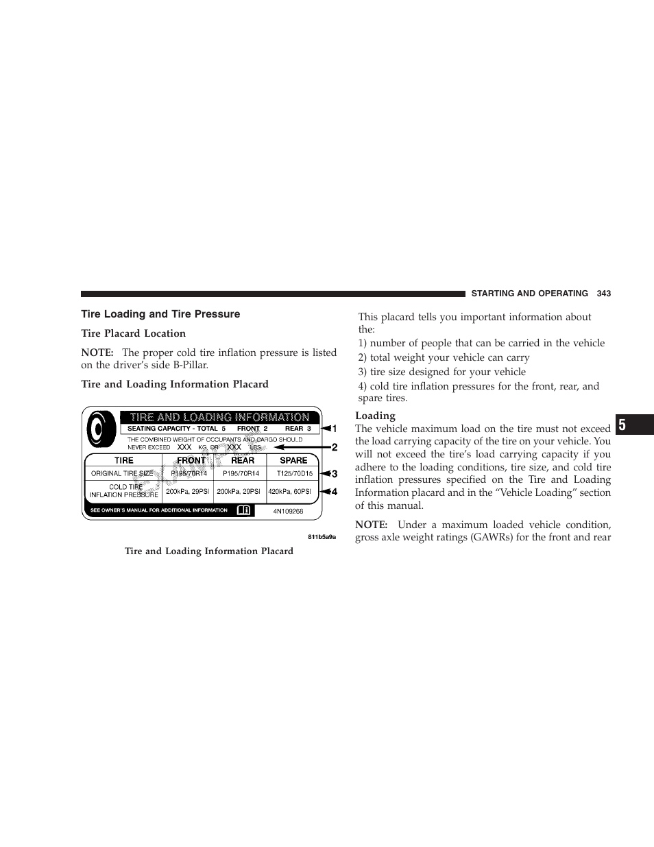 Tire loading and tire pressure | Chrysler 2009 300 SRT User Manual | Page 345 / 493