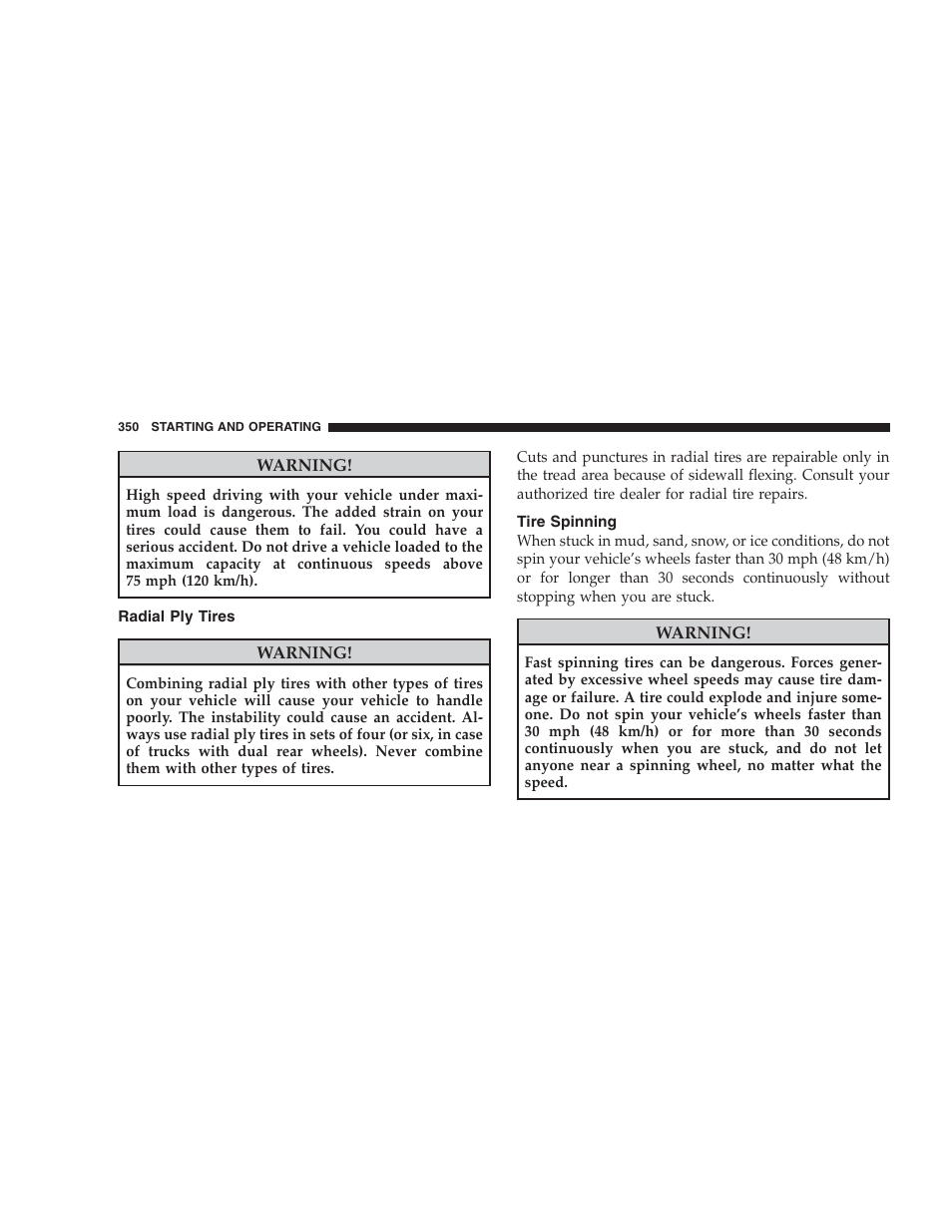 Radial ply tires, Tire spinning | Chrysler 2009 300 SRT User Manual | Page 352 / 493