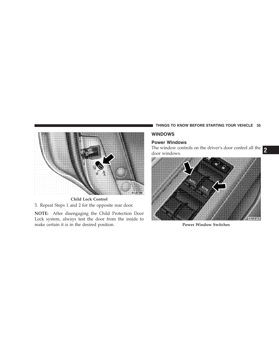 Windows, Power windows | Chrysler 2009 300 SRT User Manual | Page 37 / 493