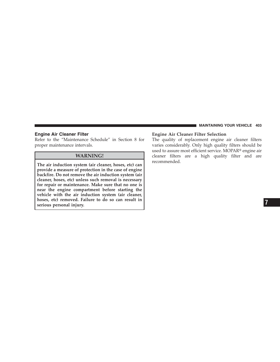 Engine air cleaner filter | Chrysler 2009 300 SRT User Manual | Page 405 / 493
