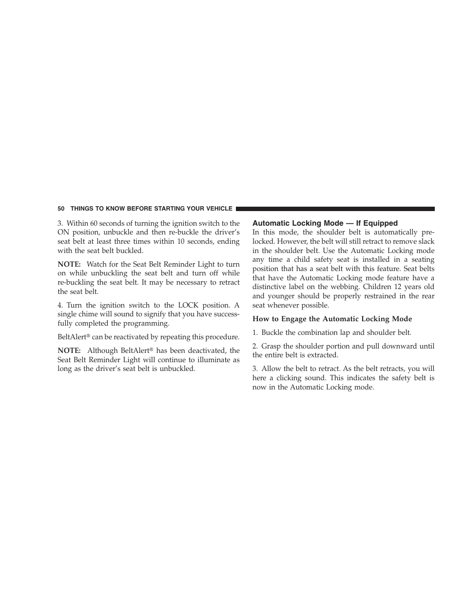 Automatic locking mode - if equipped, Automatic locking mode — if equipped | Chrysler 2009 300 SRT User Manual | Page 52 / 493