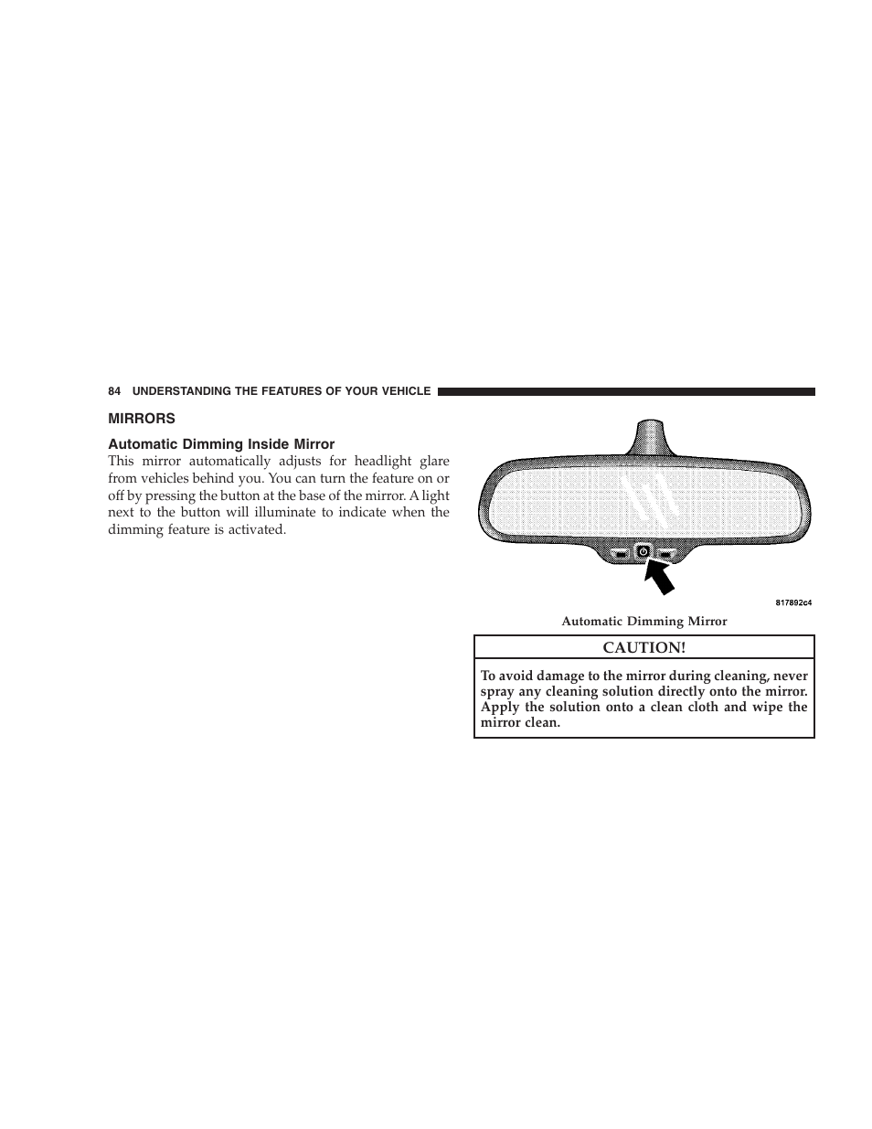 Mirrors, Automatic dimming inside mirror | Chrysler 2009 300 SRT User Manual | Page 86 / 493
