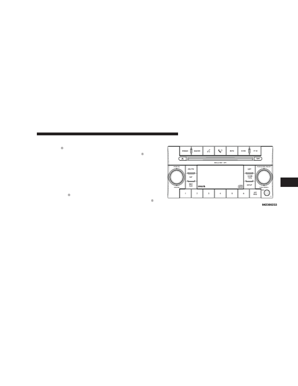 Operating instructions - radio mode, Sales code res/rsc — am/fm stereo radio, With cd player (mp3 aux jack) and sirius radio | Chrysler 2009 Aspen - Owner Manual User Manual | Page 231 / 481