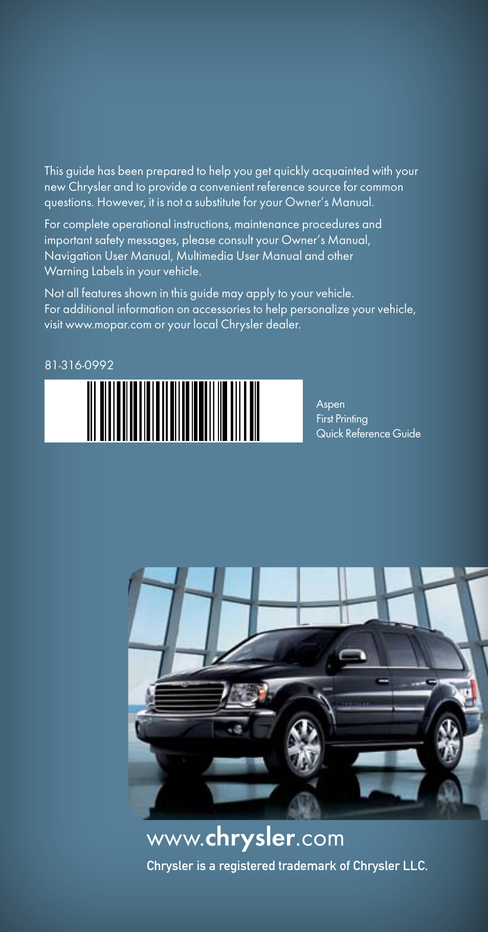 Chrysler 2009 Aspen - Quick Reference Guide User Manual | Page 12 / 12