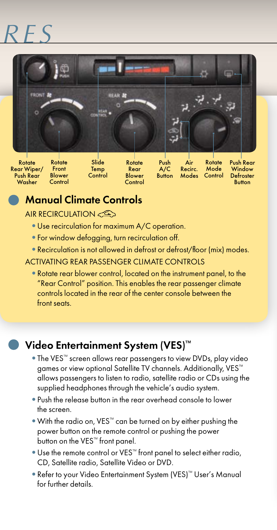 Manual climate controls, Video entertainment system (ves) | Chrysler 2009 Aspen - Quick Reference Guide User Manual | Page 7 / 12