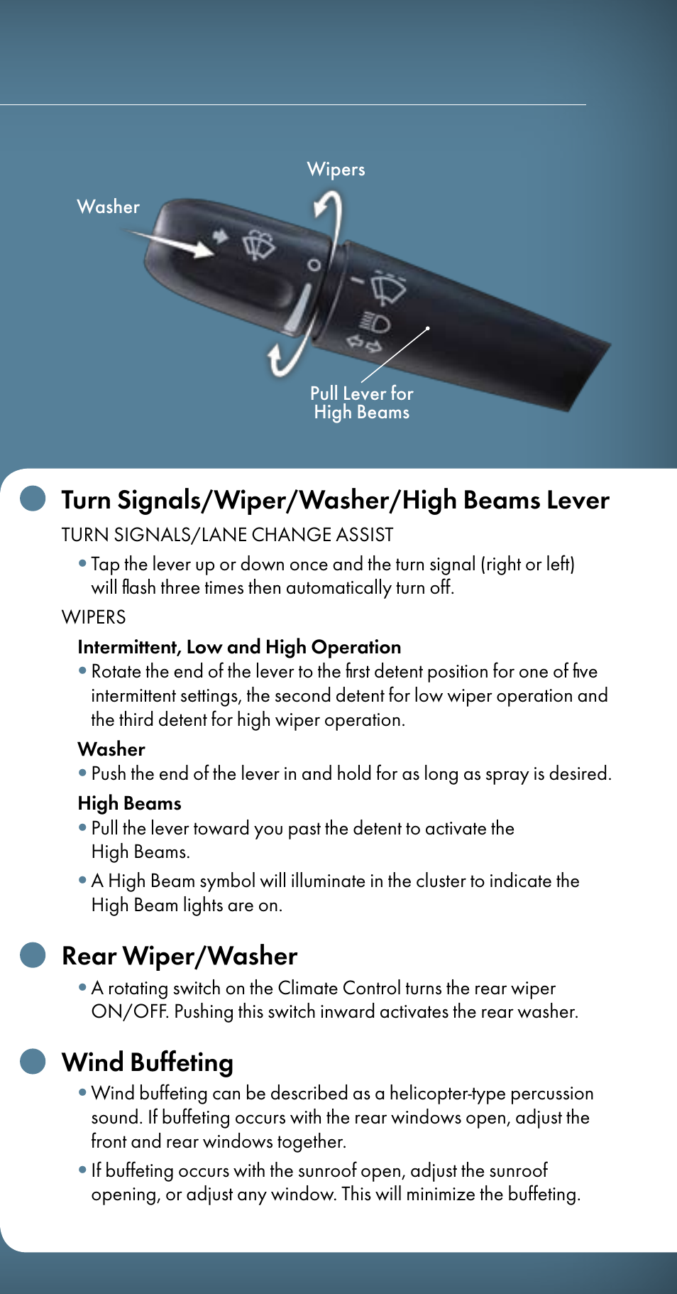 Turn signals/wiper/washer/high beams lever, Rear wiper/washer, Wind buffeting | Chrysler 2009 Aspen - Quick Reference Guide User Manual | Page 8 / 12