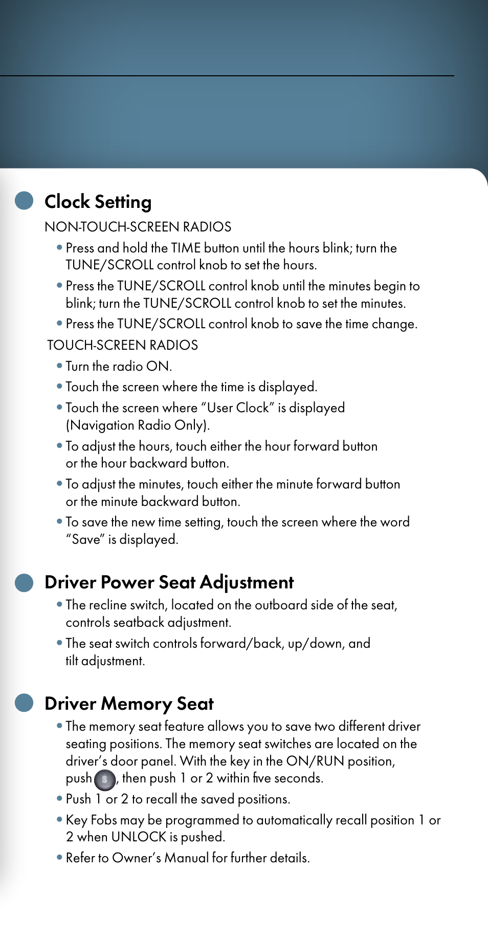 Clock setting, Driver power seat adjustment | Chrysler 2009 Aspen - Quick Reference Guide User Manual | Page 9 / 12