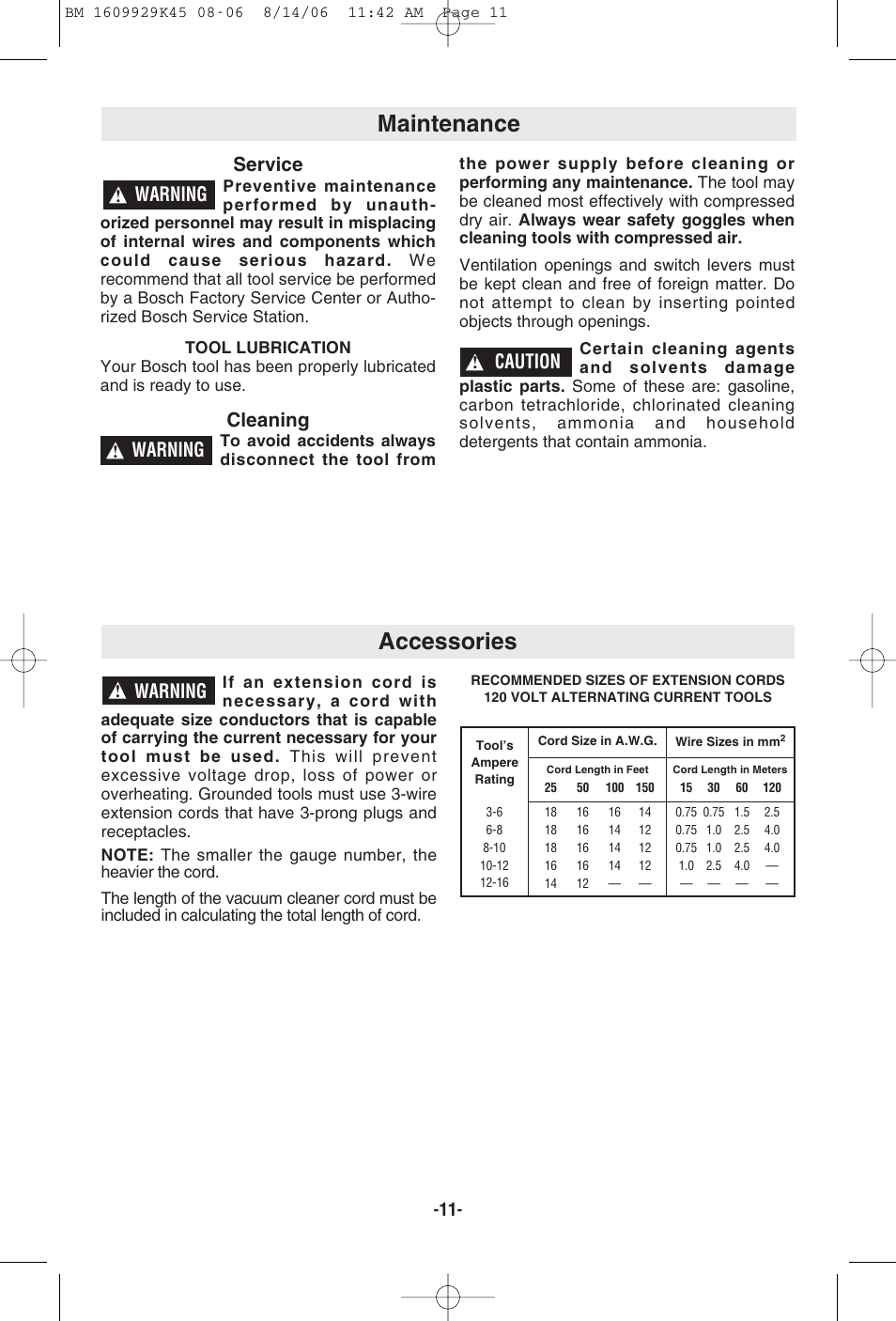 Maintenance, Accessories, Service | Cleaning, Warning, Caution | Bosch 3931A User Manual | Page 11 / 40