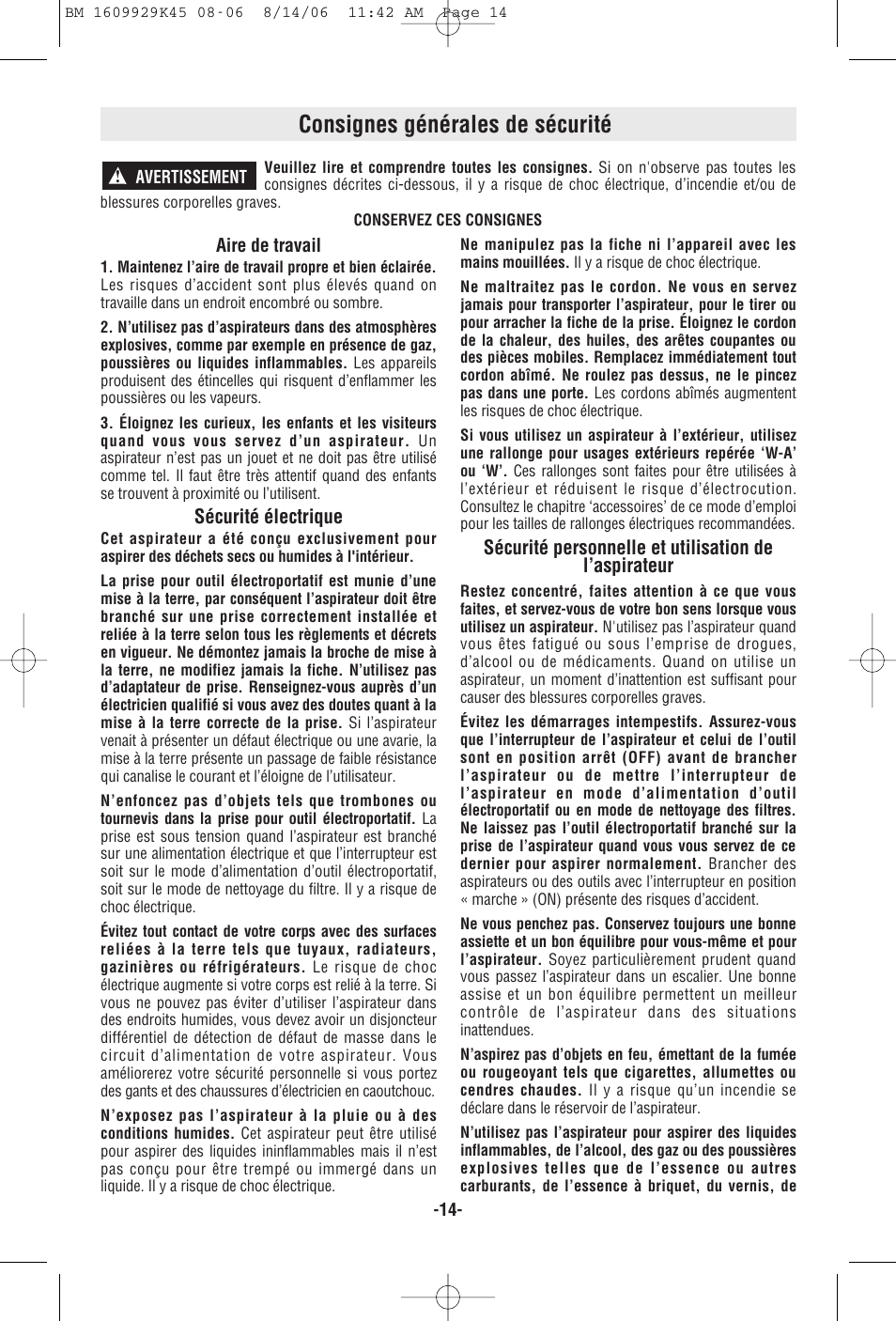 Consignes générales de sécurité | Bosch 3931A User Manual | Page 14 / 40