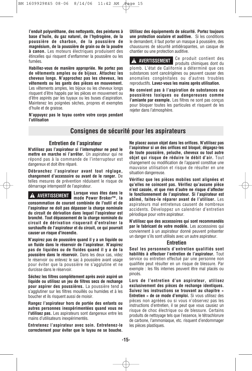 Consignes de sécurité pour les aspirateurs | Bosch 3931A User Manual | Page 15 / 40