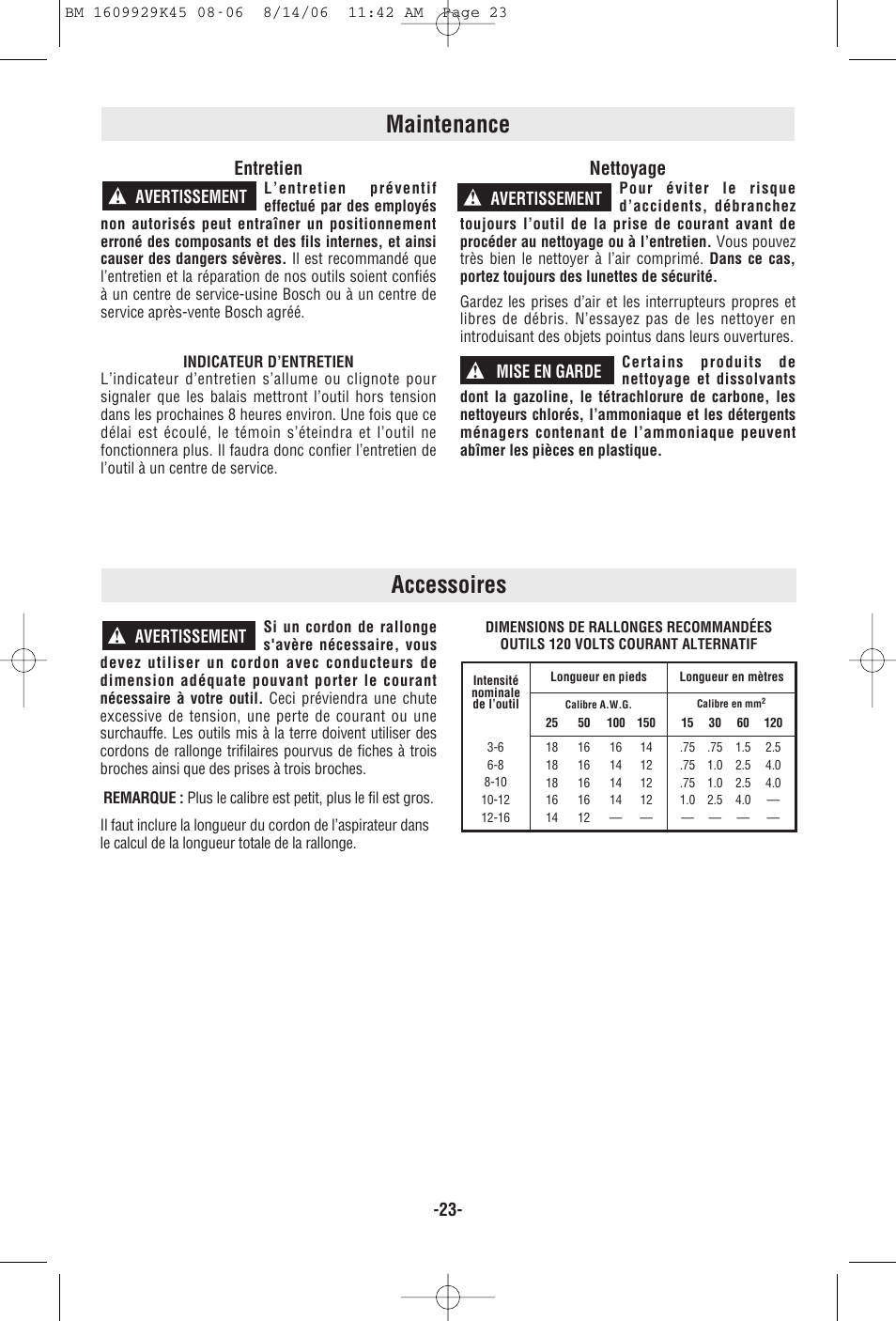 Accessoires, Maintenance, Entretien | Nettoyage, Avertissement, Avertissement ! avertissement ! mise en garde | Bosch 3931A User Manual | Page 23 / 40